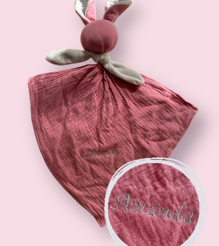 Handmade pink and gray rabbit flat comforter in double cotton gauze and velvet embroidered "Amanda"