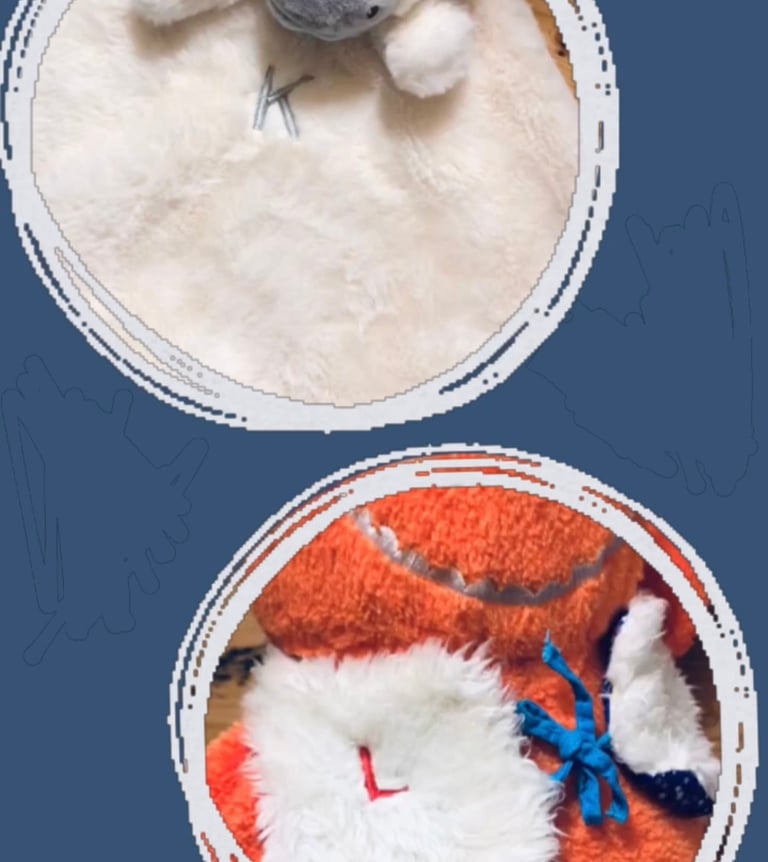 flat white tex sheep comforter embroidered "K" and orange oxybul monster plush embroidered "L"