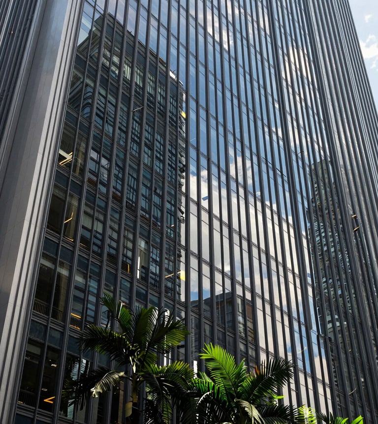 Perspective-corrected wide architectural elevation of a monolithic glass skyscraper facade in Singapore, reflecting tropical greenery, harsh dramatic sunlight, sharp structural shadows.