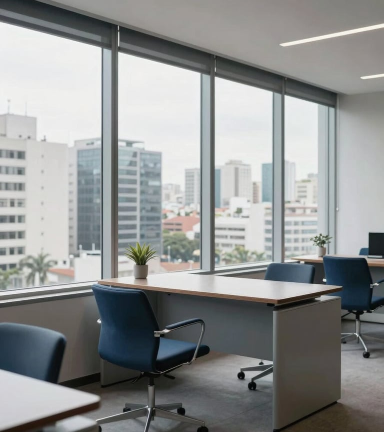 Professional photography of a light-filled office interior in a Brazilian business district. Large windows overlooking a cityscape, modern minimalist furniture in shades of steel blue and light gray, creating a sense of professional calm and precision.