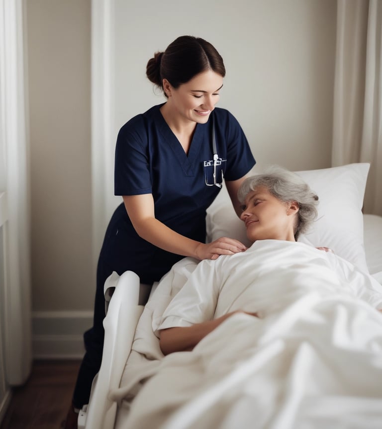 A warm, welcoming caregiver assisting an elderly person at home.