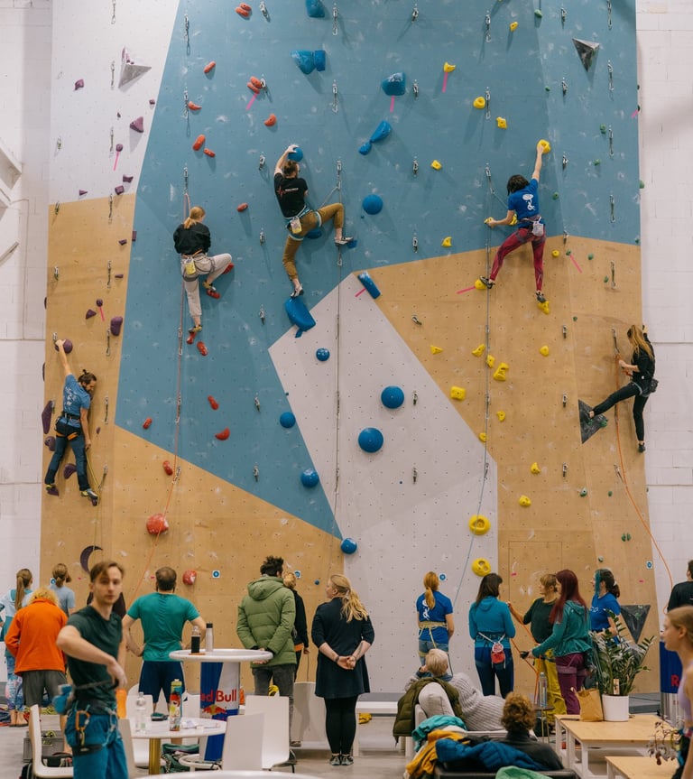 a group of people lead climbing a climbing gym while others watch