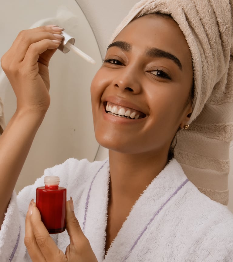 Woman in bathroom appyling azeliac acid serum to her face.