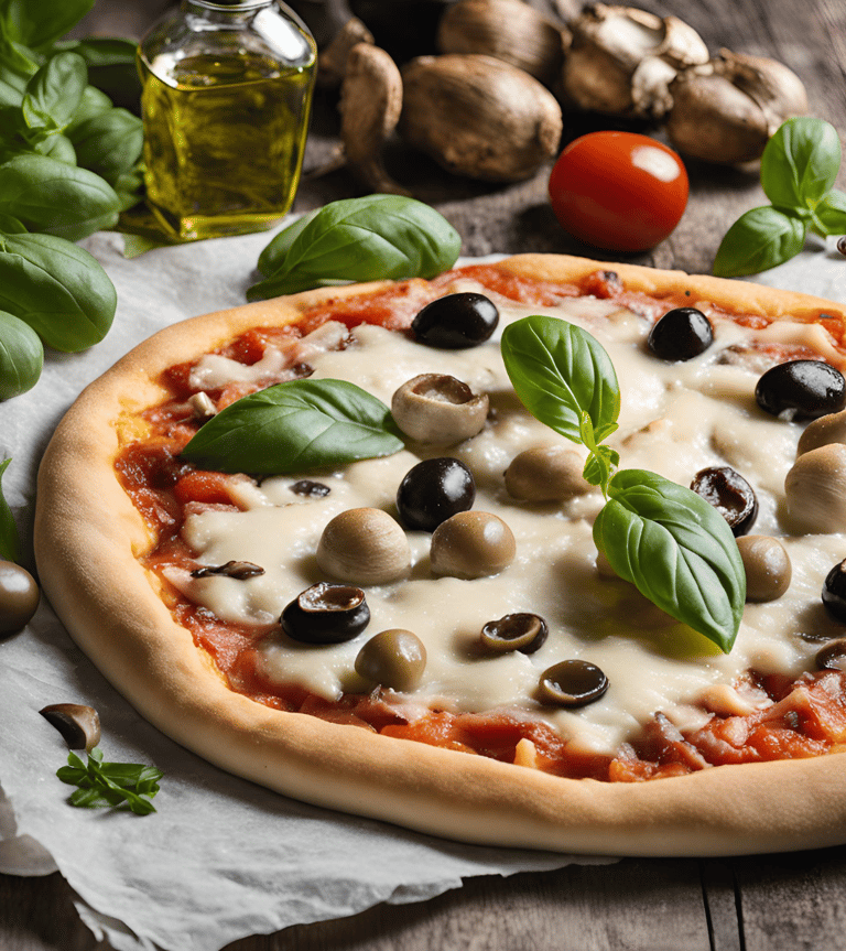 a pizza with olives and mozzarella and basil