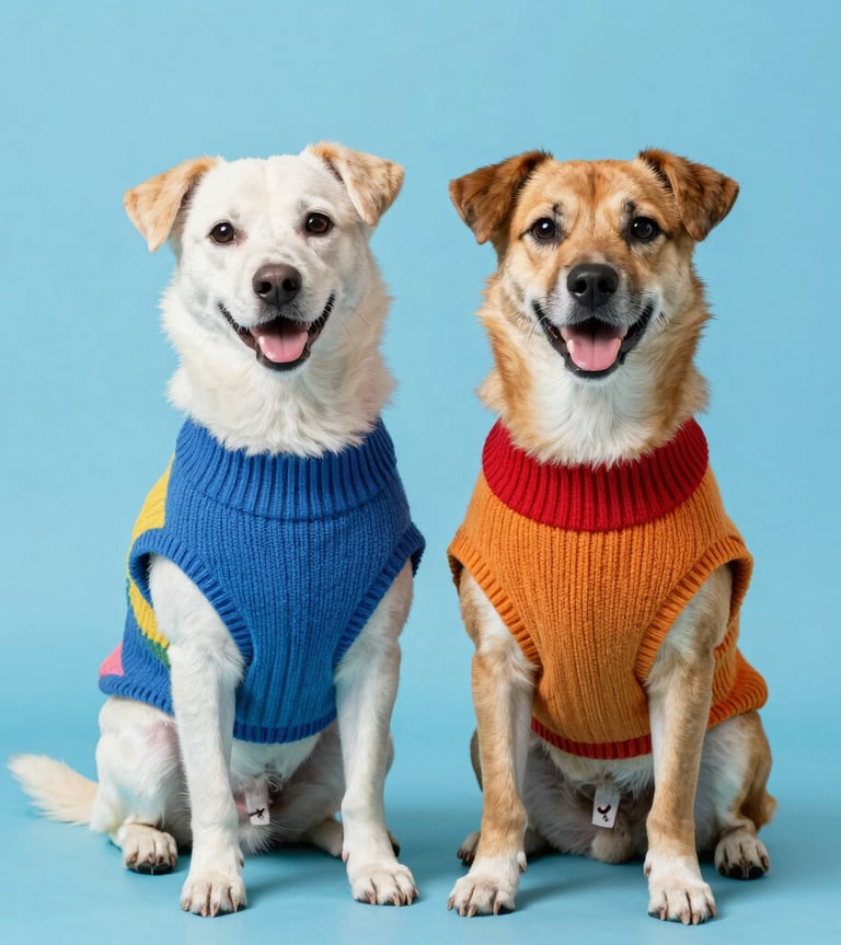 Dos perros mestizos felices que llevan coloridos suéteres de punto.