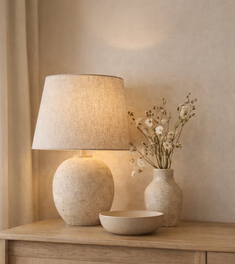 Warm bedroom corner with lamp, bedding, and neutral decor