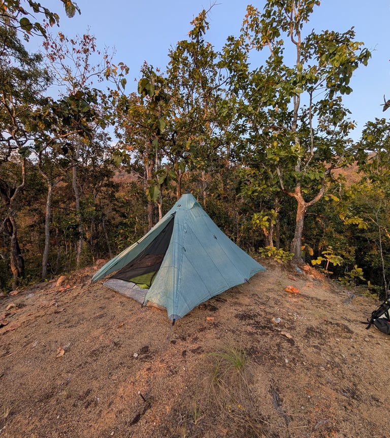 a tent on a dry ridge in Huai Nam Dang National Park in Thailand