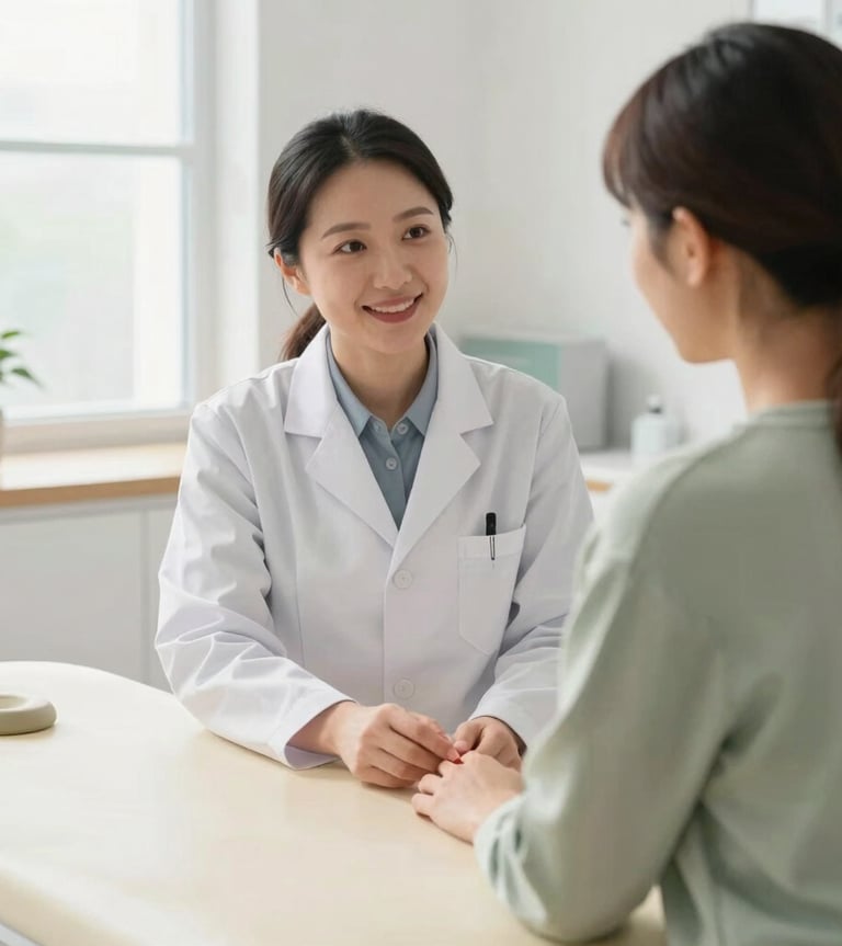 A warm clinical consultation between a professional acupuncturist and a patient in a bright, modern clinic with soft daylight.