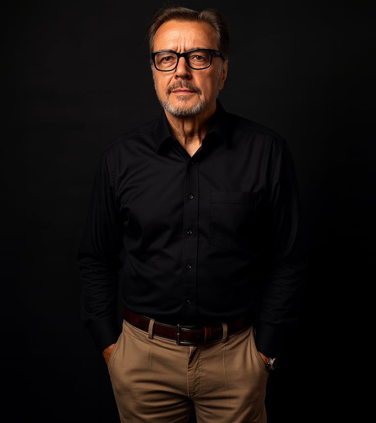 a man in a black shirt and glasses
