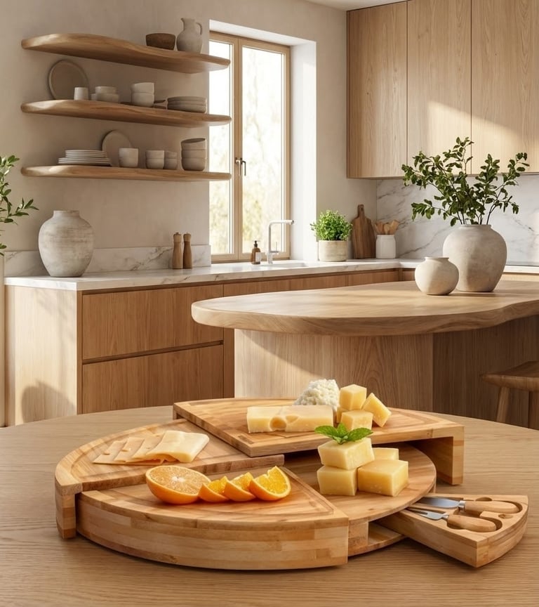 a table with cheese boarders and cheese boardelplank in een moderne keuken