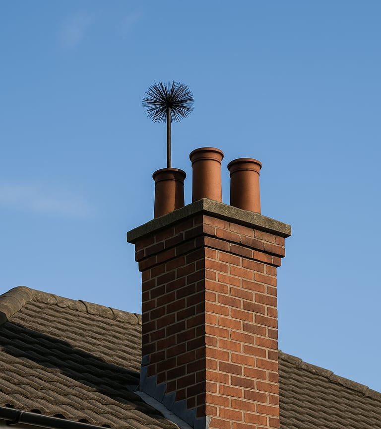 a chimney with a chimney brush on top of a brick building being swept in a clean manner