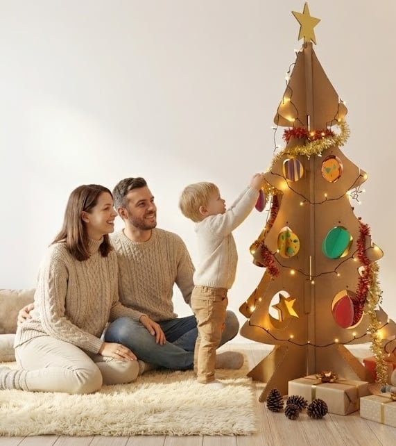 Kartonnen kerstboom met een gezin er om heen