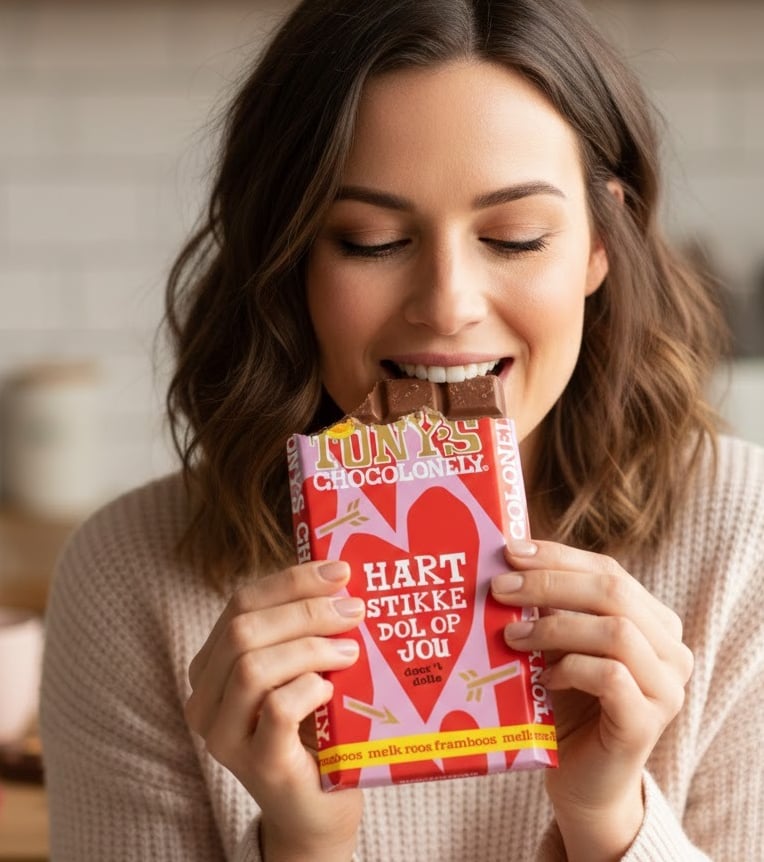 een vrouw die een hap Valentijns chocolade neemt