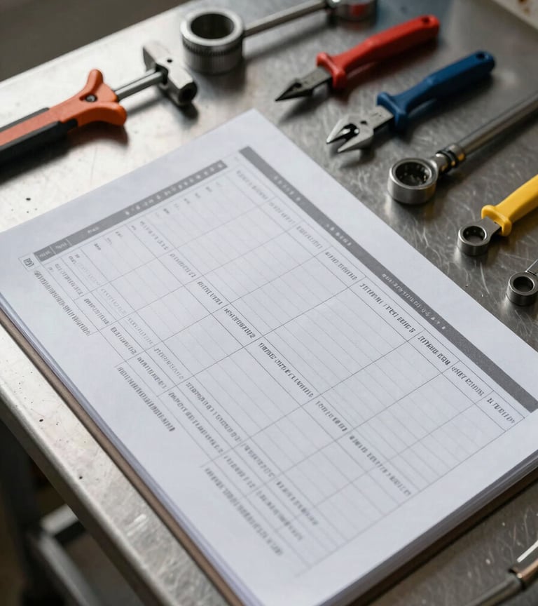 Close overhead shot of a systematically laid-out cleaning protocol binder open on a metal table beside precisely arranged industrial tools, cool north-facing daylight from upper left, all items squared to grid lines, no hands visible
