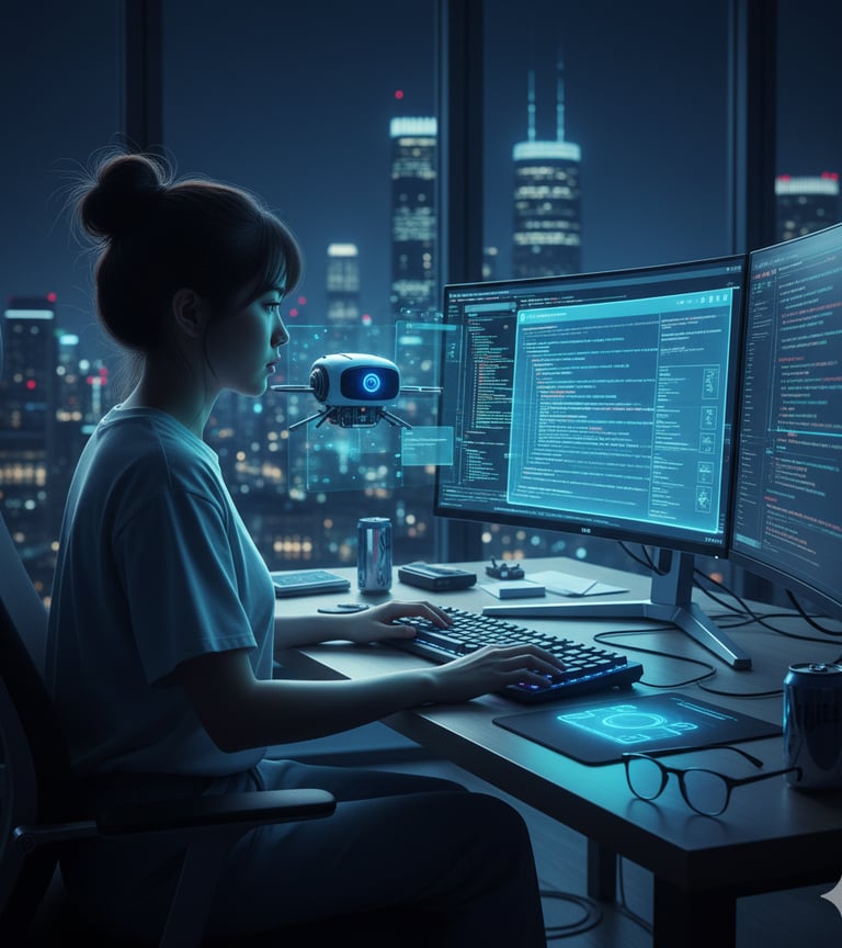 AI coding assistant suggesting futuristic code completions to a developer.