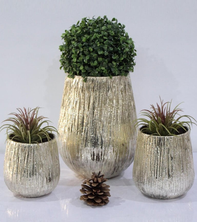 a group of three silver finish glass vases with plants in them