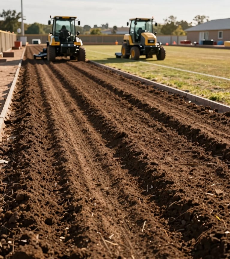 Wide environmental shot of a sports field renovation in progress—zero-turn mowers visible in the midground, freshly aerated turf rows in sharp foreground detail, late-afternoon natural light raking across the surface to reveal soil texture, industrial maintenance equipment silhouetted against an open sky