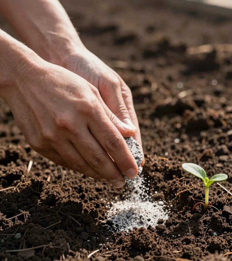 Close-up of hands applying granular fertilizer to dark rich soil, morning side light casting long shadows across the ground, a green seedling emerging nearby