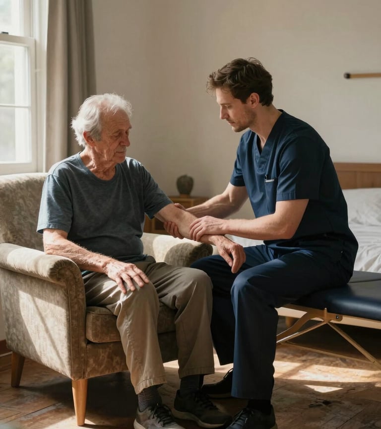 Close three-quarter view of a male physiotherapist in a warmly lit bedroom, seated beside an elderly patient in a familiar armchair near a sunlit window, his hands gently guiding the patient's forearm, soft north-facing daylight casting quiet shadows across the room's textured walls and worn wooden floor