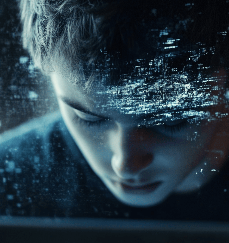 a man in a black shirt is looking at a tablet computer