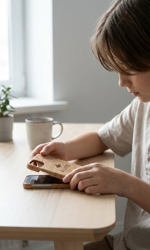 Een jonge jongen die aan een tafel zit met een mobiele telefoon.
