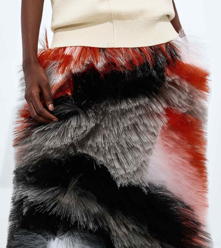 Colourful textured fur skirt fashion detail.