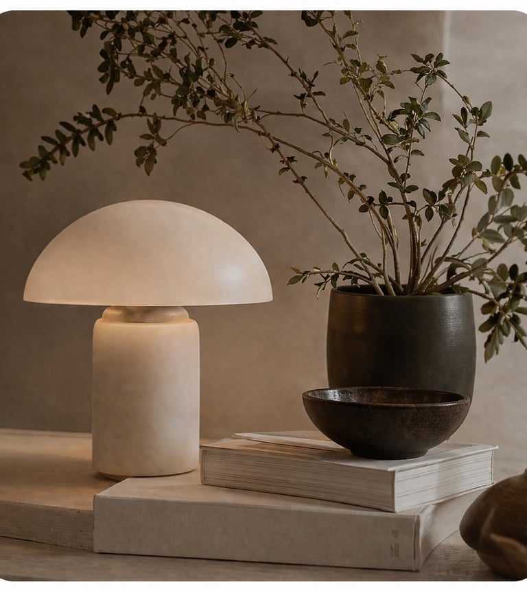 Minimalist home decor with lamp, books and plant.