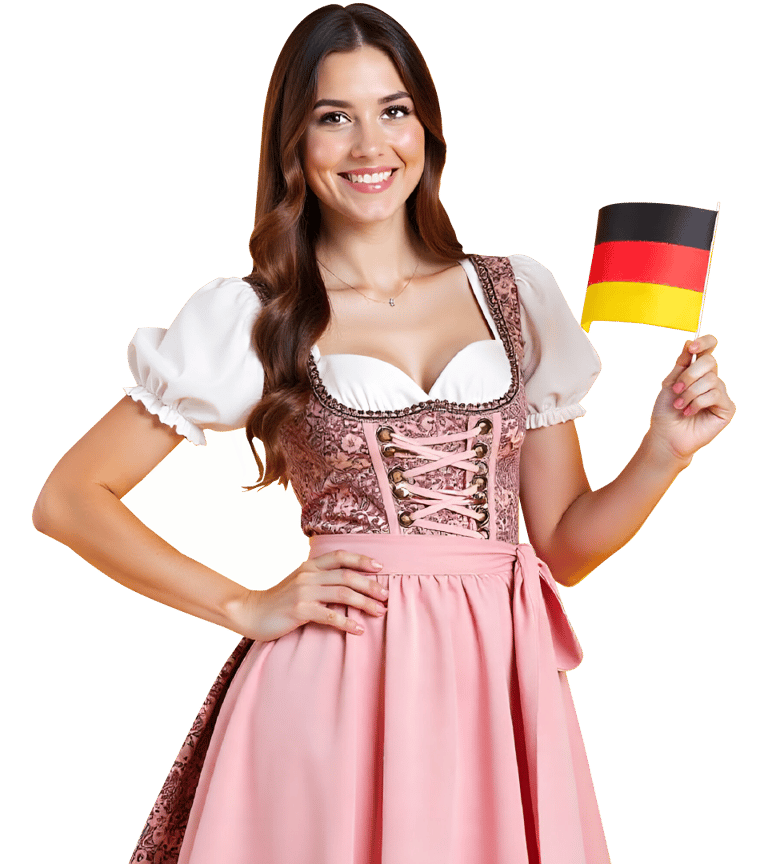 a woman in a pink dress holding a german flag