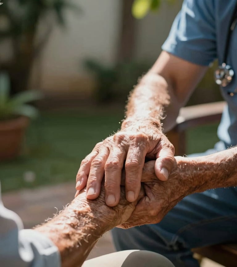 Plano medio de un terapeuta sosteniendo con firmeza y calidez la mano de un adulto mayor en un jardín iluminado por el sol de Mérida.