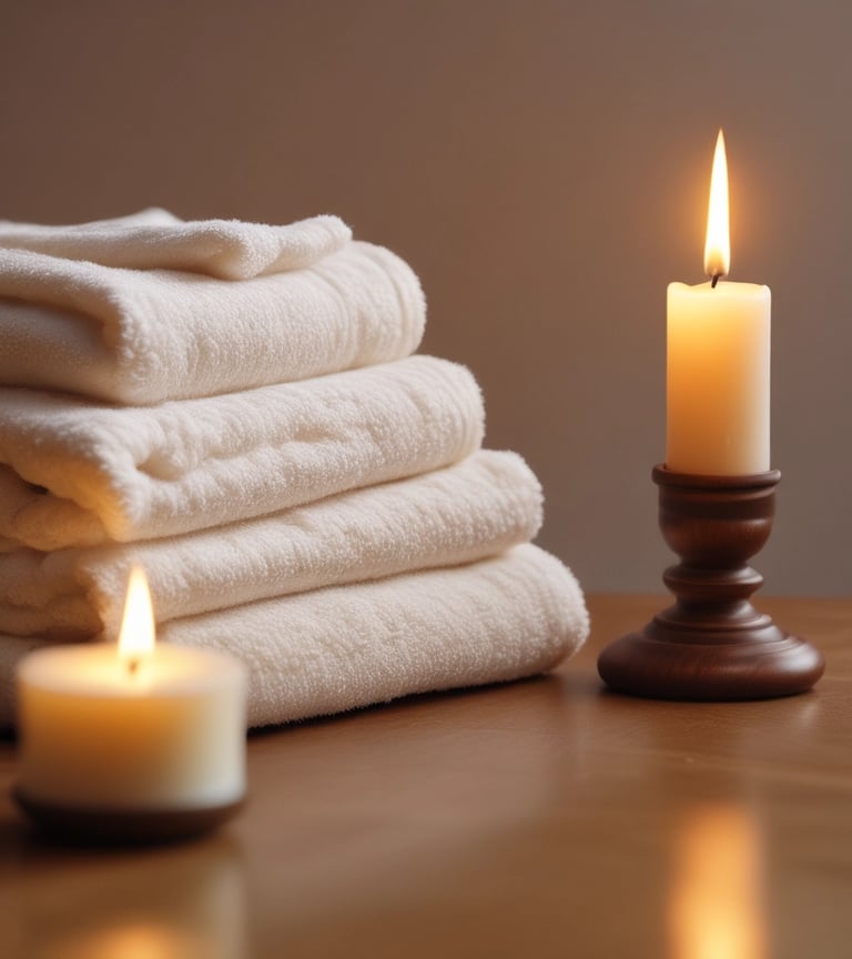 A serene therapy room with soft lighting and natural elements.