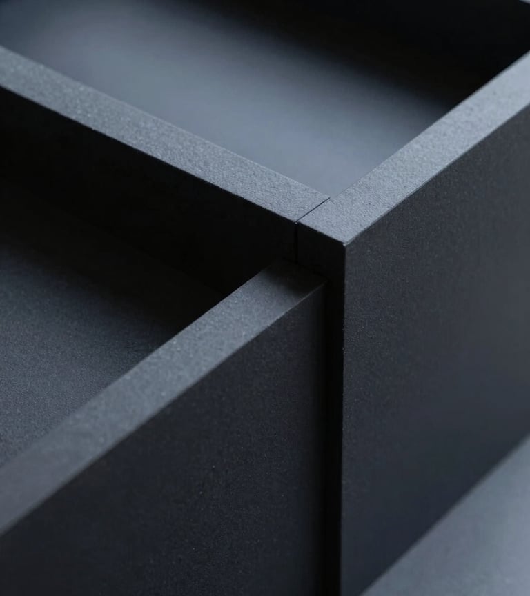 Minimalist close-up of a matte black architectural model with precise geometric lines under sharp, cool daylight shadows, 35mm