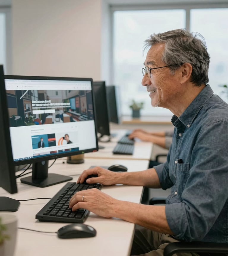 A smiling young man with curly hair uses a desktop computer for web design in a modern office.