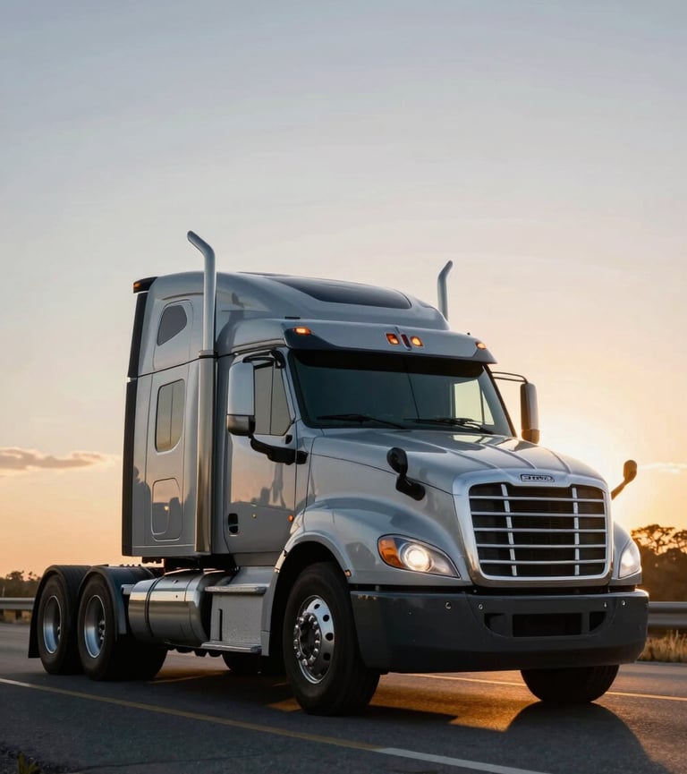 Low-angle heroic shot of a modern heavy-duty silver Freightliner truck on an open highway at sunset, cinematic golden hour lighting, deep navy and silver tones, 35mm lens