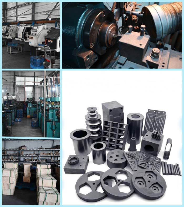 Precision machined graphite parts and components displayed next to CNC manufacturing equipment in an industrial factory.