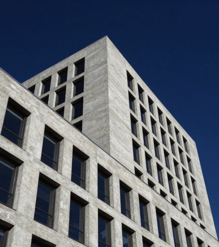 Low-angle brutalist corporate architectural shot, sharp concrete lines against a deep navy sky, high-contrast daylight, 35mm editorial corporate photography.