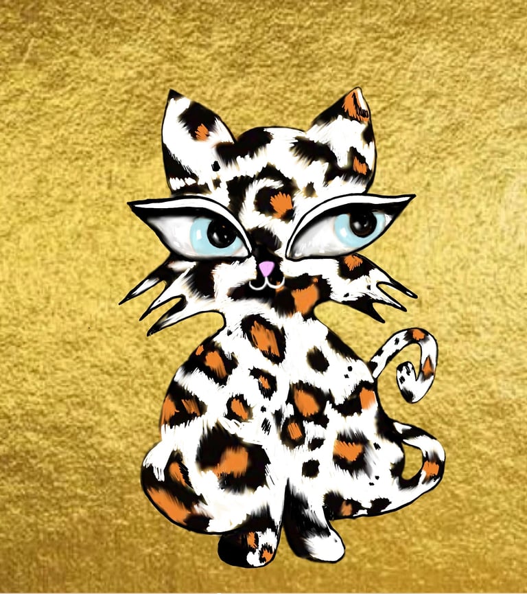 Hawa Cat Gold Leopard collectible fine art print by Eve Hennessa on textured gold background