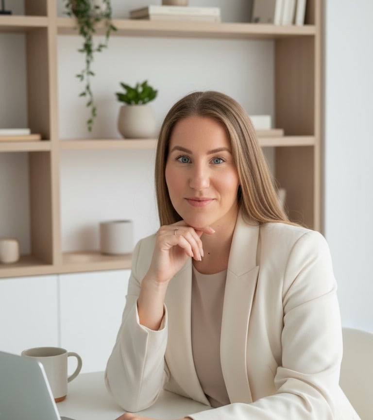 Professional businesswoman in a white blazer sitting at a desk with a laptop in a modern bright office.