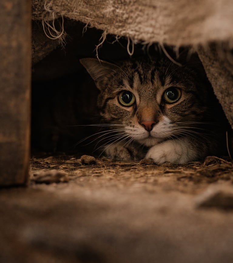 getraumatiseerde kat verstopt ergens onder