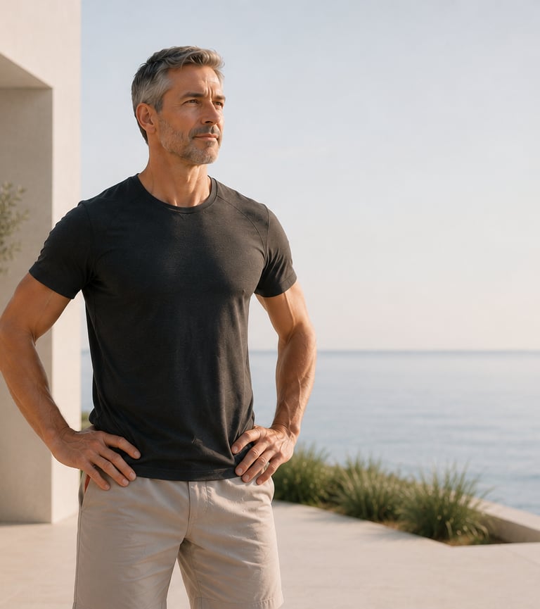 Homme 40+ avec une posture renforcée par les exercices de gainage