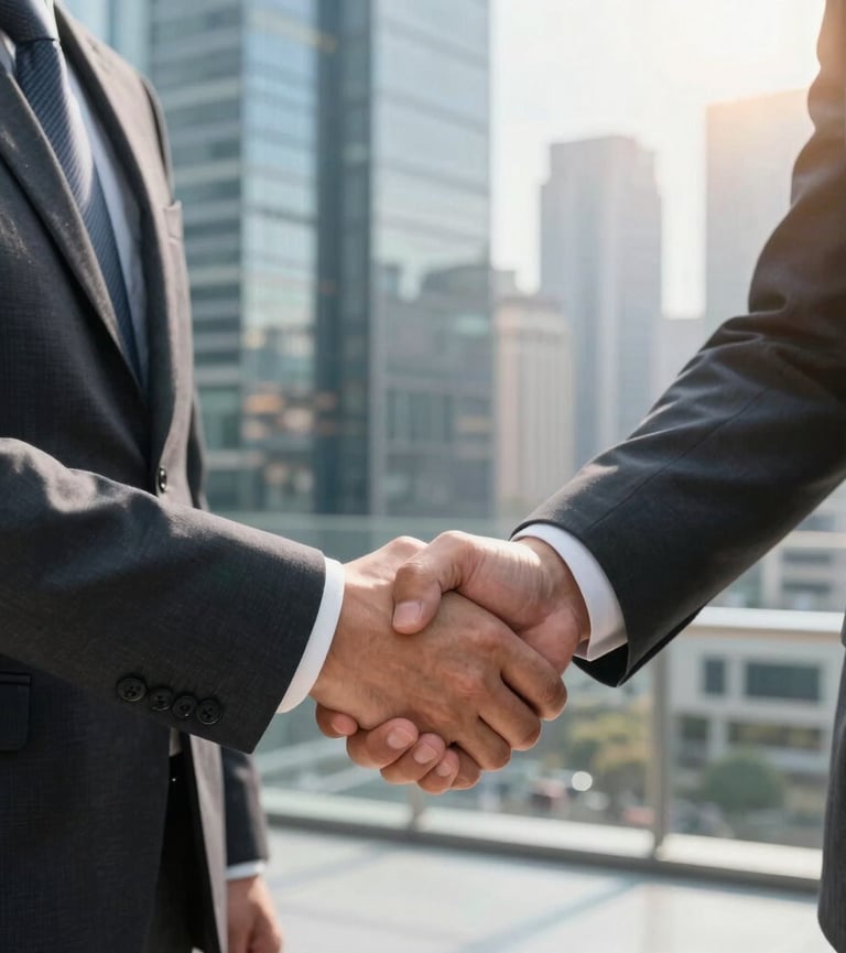 Two men are standing side by side, smiling, with one placing his arm around the other's shoulder. They are in a professional setting, dressed in business casual attire. Behind them is a sign that reads 'Freshworks Partner Program' with some description and logos. The background consists of a brick wall.