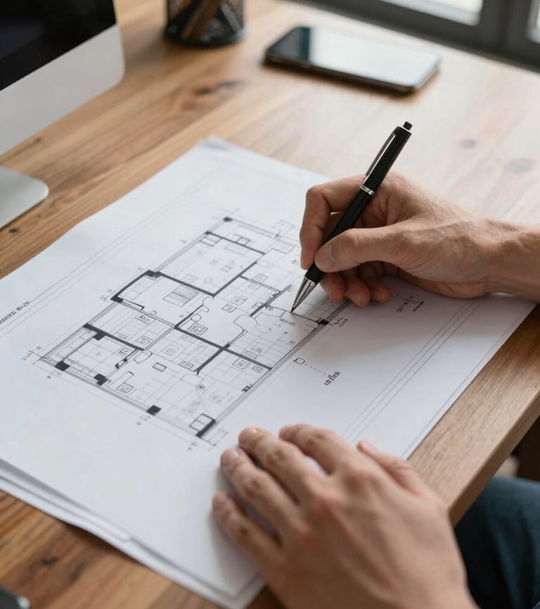 Close-up overhead shot of hands reviewing large printed housing plan documents spread across a wooden table, a pen marking a location on the map, natural north-facing window light, Papua office context