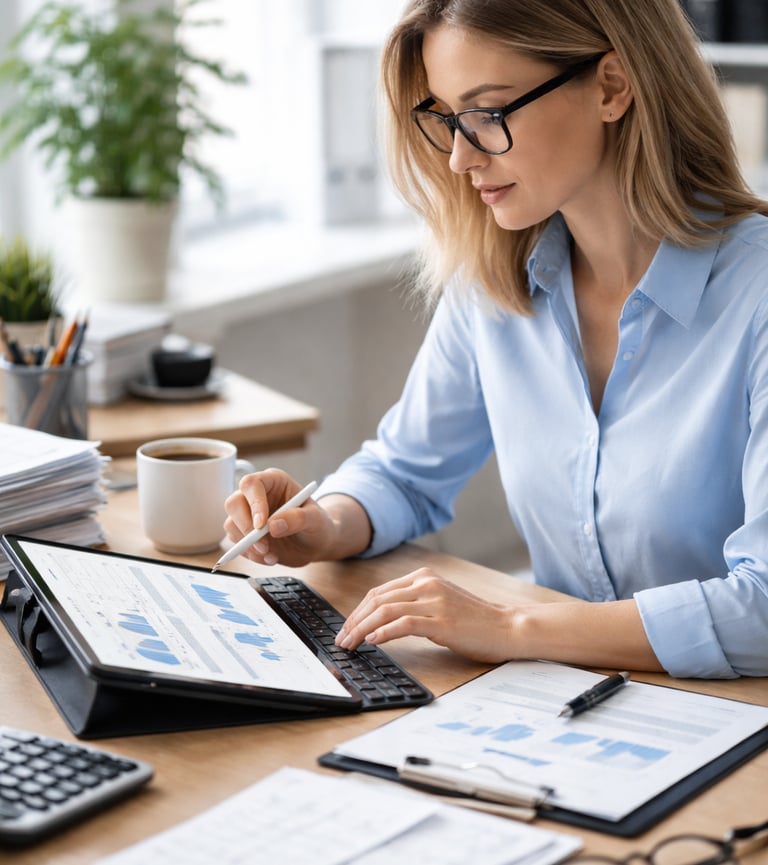 Professional female financial analyst using a tablet and stylus to review data charts at an office desk.