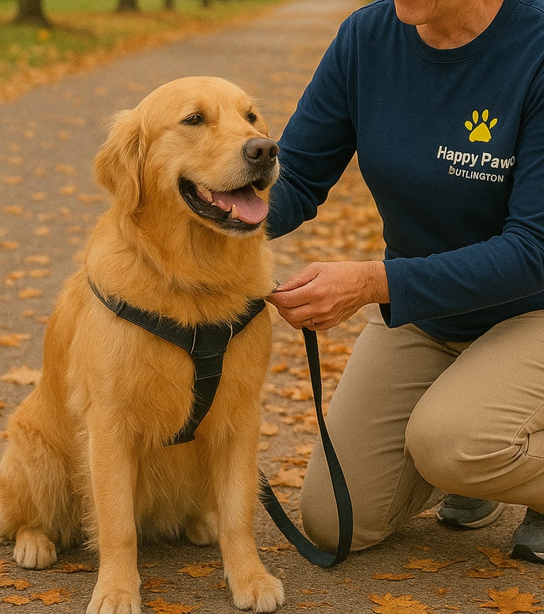 Burlington dog walker adjusting dog harness before solo walk