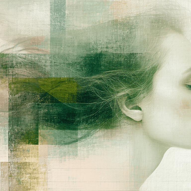 art work of a womans head with her hair blowing in the air, abstract background