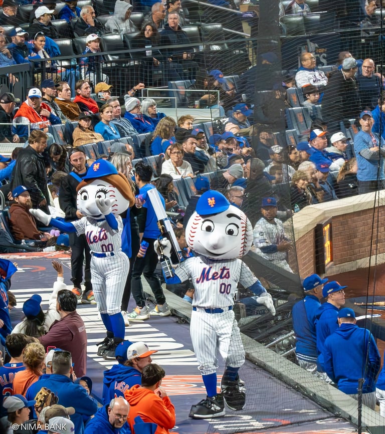 mr met and mrs met walking on the dugout shooting tshirts in front of fans at citifield during nlcs