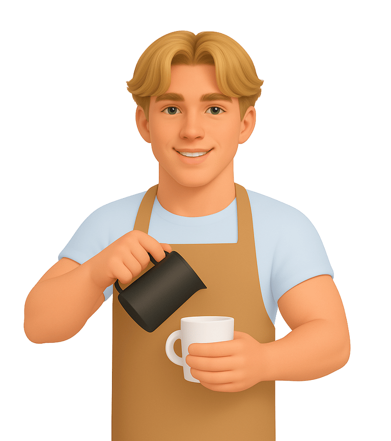 a man in aprons and aprons holding a coffee cup