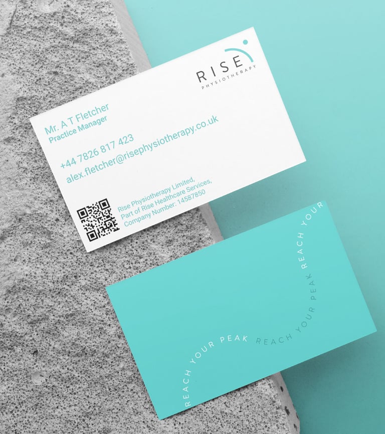 A front and back view of Rise Physiotherapy business cards