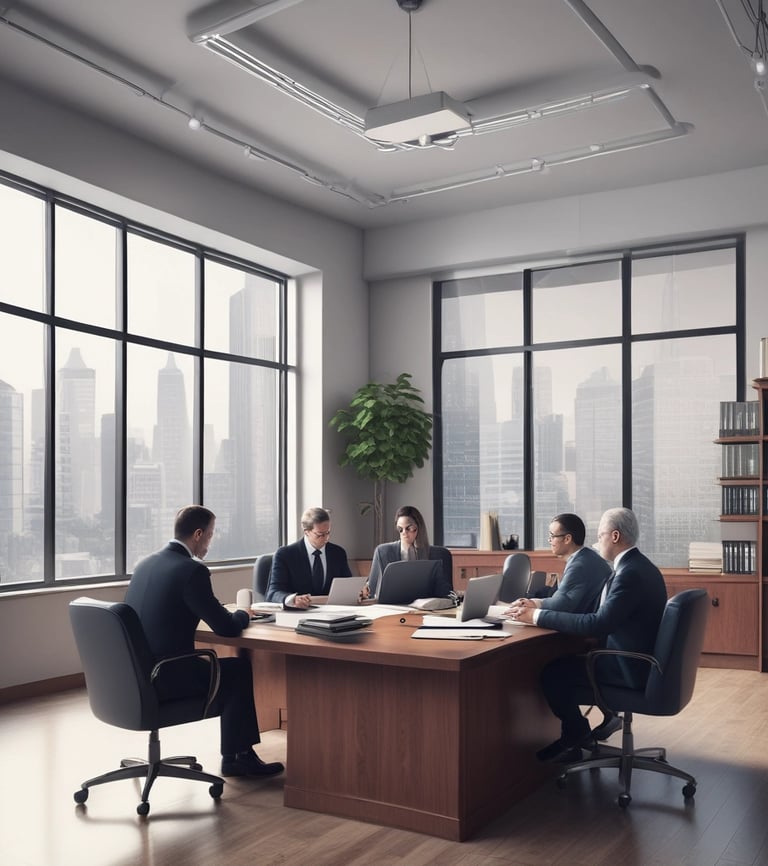 Professional business lawyers discussing documents in a modern office.