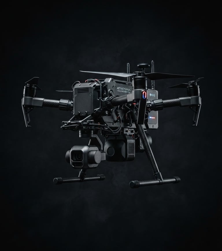 Dramatic low-key product photography of a rugged industrial inspection UAV, sharp technical edge-lighting, dark obsidian background, high-contrast details, telemetry overlay, 85mm