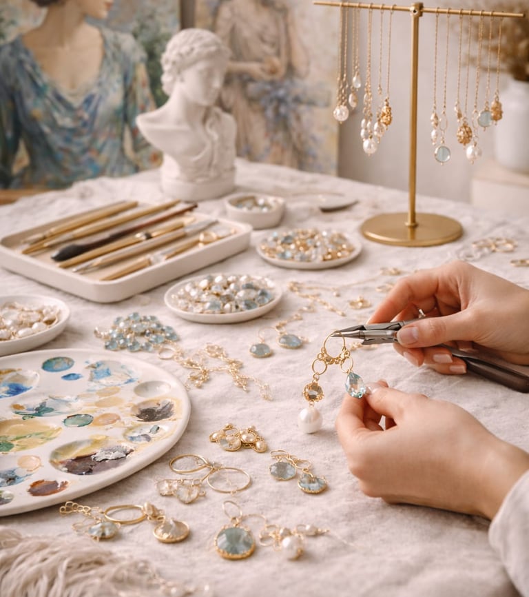 Joyero/a elaborando a mano pendientes de oro y piedras preciosas